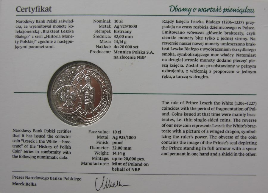 10 złotych - Historia Monety Polskiej - brakteat Leszka Białego